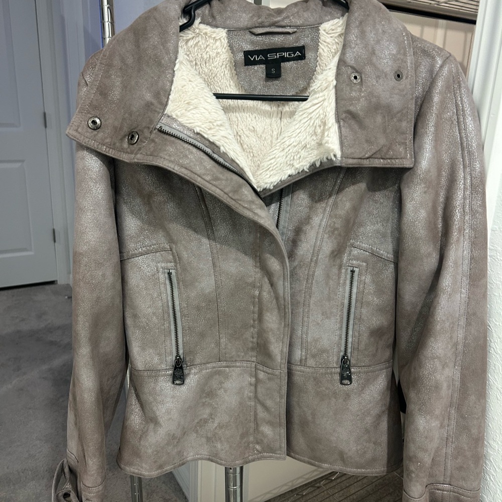 Via Spiga Faux Leather Moto Jacket w/ Shearling Lining – Size S